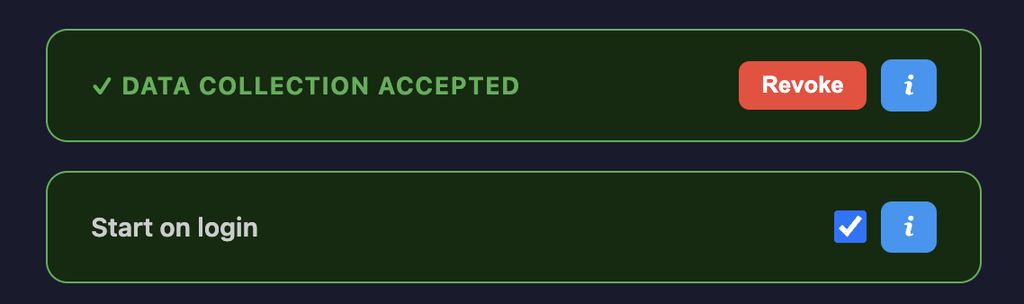 Dashboard showing Start on login toggle with blue checkbox